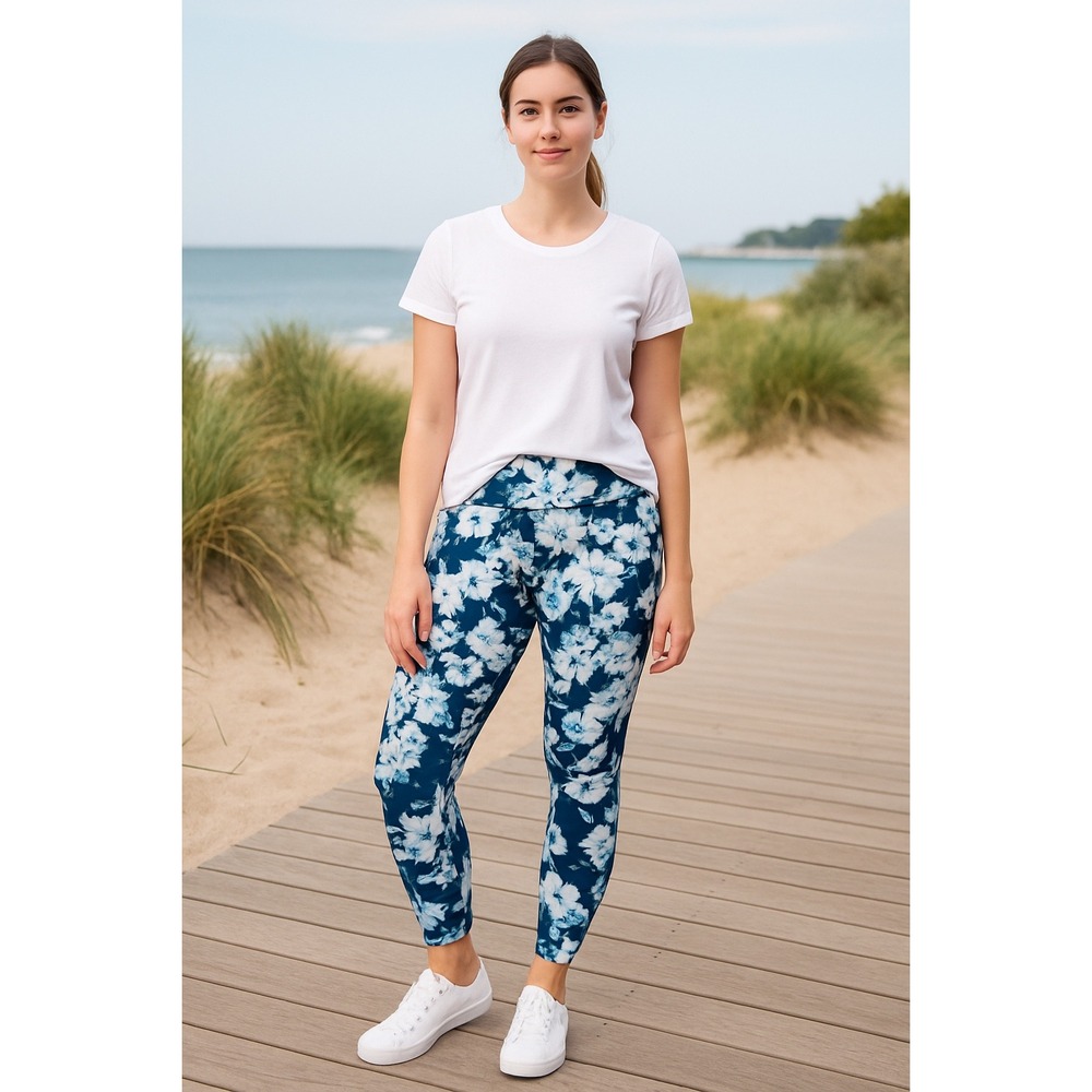 Jockey‎ Active Floral Leggings Women's XL Blue White Athleisure